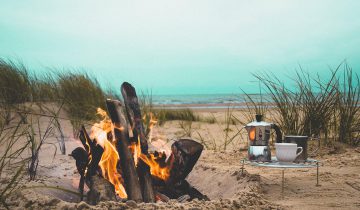 Campfire and coffee on a beach